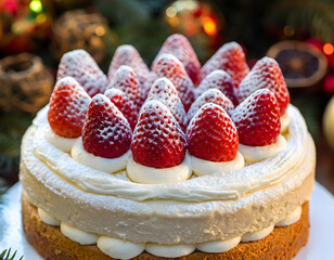 Christmas Cake with Whipped Cream and Strawberries