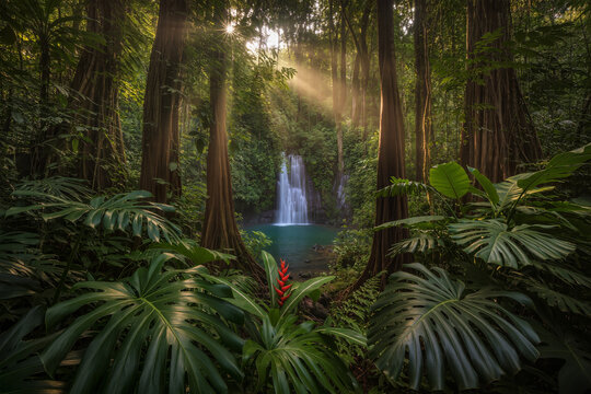 Sunlight filtering through trees near a peaceful waterfall in a tropical rainforest at dawn Generative AI - Powered by Adobe