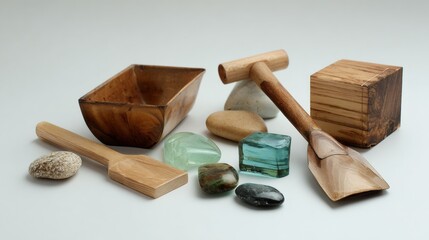 Wooden bowls and massage stones arranged with natural decor for spa and wellness treatment