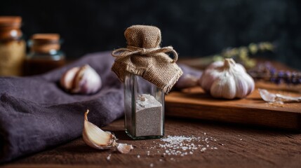 Garlic cloves and oil bottle on rustic dark wooden table with cooking utensils