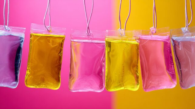 Hanging clear drink pouches filled with colorful juices in modern packaging concept scene