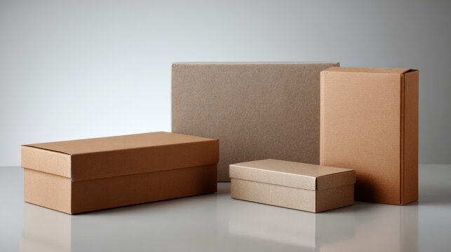 Neutral cardboard packaging boxes stacked on light gray background in minimalist composition