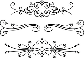 Elegant black decorative floral swirls and scrollwork elements isolated