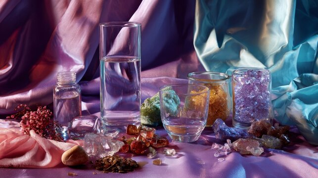 Elegant crystal bottles and colored stones arranged on purple silk in luxury decor composition