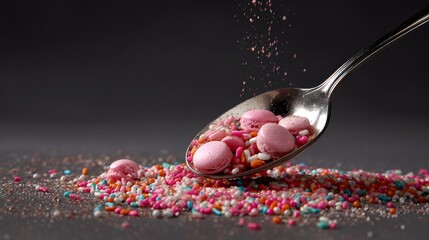 Spoon with candy on sprinkles-covered surface for colorful dessert or playful food concept