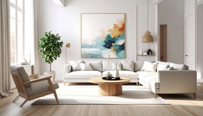 Fototapeta premium Bright living room with sectional sofa, artwork, wood floors, large window, and plant, creating an inviting space