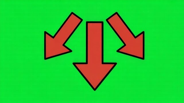 Three red arrows pointing downwards on a green screen background, ideal for indicating decrease, direction, or emphasis in video projects red arrows green screen background animation