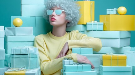 Futuristic fashion model with sunglasses standing among pastel gift boxes in graphic scene