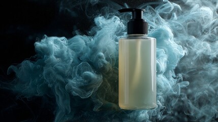 Frosted pump bottle floating in blue mist and black background for luxury product display