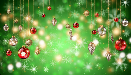 Set of Shining Christmas Decorations on Green  Background