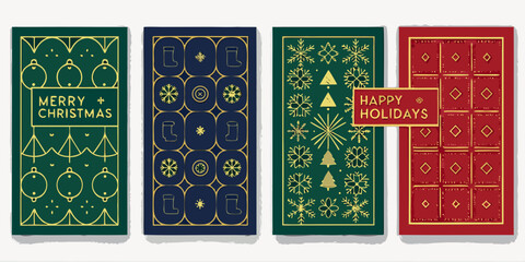 Obraz premium Collection of four festive christmas and holiday greeting cards with gold line art designs