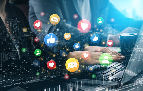 Concept of digital marketing and online communication. A network of user engagement is shown through social media feedback notifications which helps build a strong community. Fermion