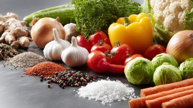 Fresh vegetables and spices arranged on table with vibrant colors and overhead lighting