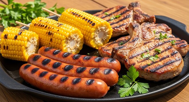 Grilled meat and vegetables on a black plate, including corn on the cob, sausages, and pork chops - Powered by Adobe