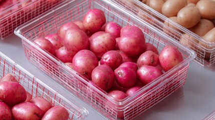 Close-up of red plums inside plastic clamshell container on white table in daylight
