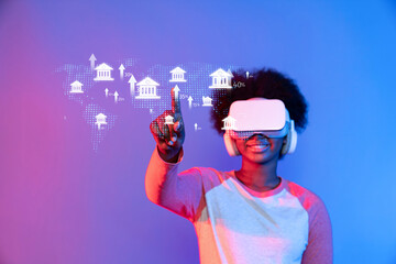 A young person engages with virtual reality technology, exploring concepts of artificial intelligence, ethics, and governance in a digital landscape filled with data and insights. XDMCP