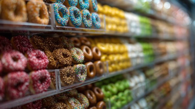 Colorful rows of assorted donuts displayed on shelves inside bakery or dessert shop