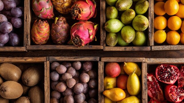 Rustic fruit market display with wooden crates filled with tropical and exotic fresh produce