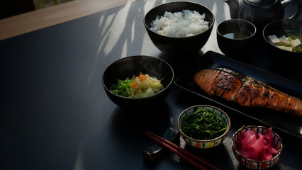 Japanese Breakfast with Grilled Salmon