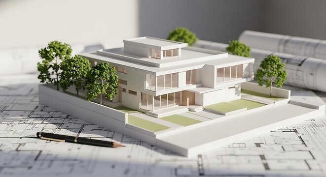 Architectural model of a modern house with blueprints and pen on the table in bright sunlight