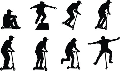 Illustration of silhouette of a young man riding a scooter, performing stunts and tricks, isolated on active lifestyle and extreme sports concept