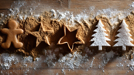 Christmas Gingerbread Cookies with Flour on a Rustic Wooden Table 