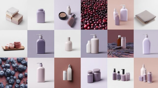 Skincare and cosmetic containers collage with soft color palettes and flat lay arrangement