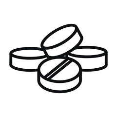 Simple outline drawing of four round pills or tablets stacked together with a line down the center of one