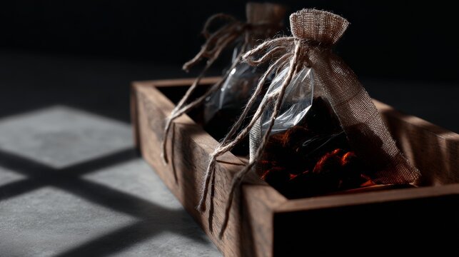 Rustic box with dried herbs and spices in shadowed light for culinary or apothecary theme