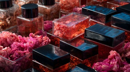 Dark luxury cosmetics with intense red pigment and bold textures on moody background