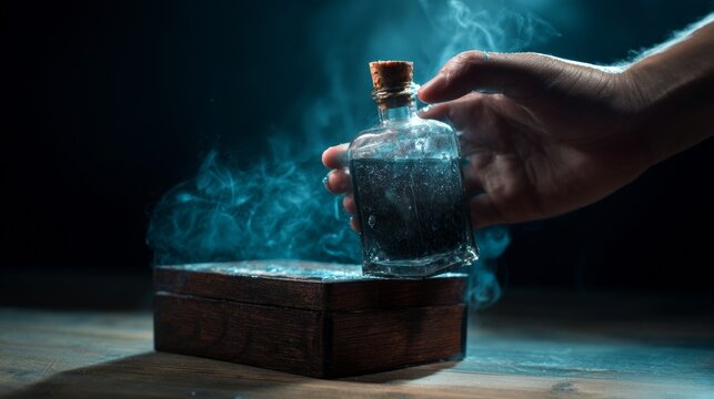 Hand holding small potion bottle with glowing smoke and magic effect in dark atmosphere