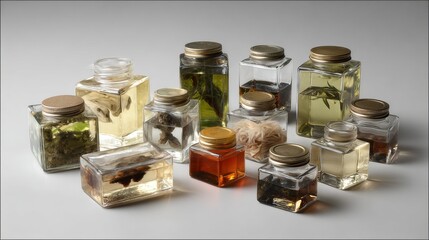 Collection of essential oil bottles in various shapes and colors arranged on a clean surface