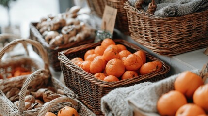 Fresh oranges in rustic wicker baskets at open market stall with natural lighting