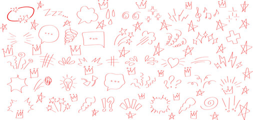 Comic emotion elements, hand drawn expressive symbols. Star, heart and sparks, speech bubbles, exclamation doodles for communication.  Abstract dark red and black textured pattern with subtle glows