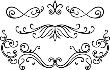 Fototapeta premium Elegant black flourish and swirl decorative elements on white background
