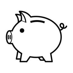 Simple outline drawing of a classic piggy bank with a slot for coins and a curly tail on a white background