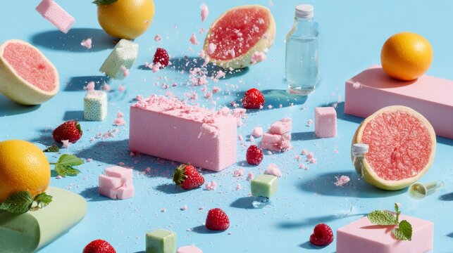 Playful floating fruit candy and juice blocks on blue background with colorful sweet composition