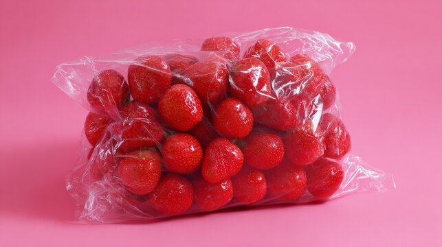 Cherry tomatoes vacuum-sealed in clear plastic on pink background for healthy packaged food concept