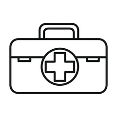 Fototapeta premium Simple outline illustration of a medical first aid kit box with a red cross symbol in a circle on a white background
