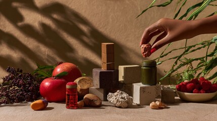 Natural supplements and superfoods arranged with hand placing capsules on rustic table