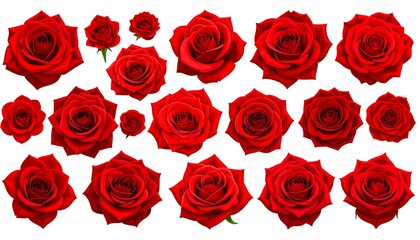 Array of red roses in full bloom with varied perspectives and sizes, presented against a clean white background