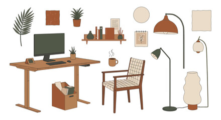 Fototapeta premium hand-drawn modern office and home furniture and decor elements for interior design projects floor plans and templates.