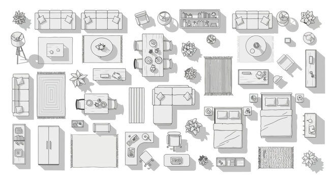 furniture plan view arrangement of sofas beds tables and plants showcasing interior design concepts and providing a floorplan template for modern households