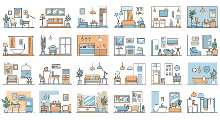 interior design layouts illustrating different rooms in line art style perfect for showcasing home decor ideas and creating space planning design concepts