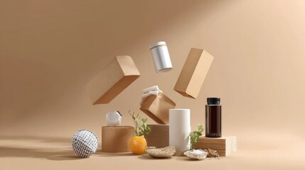 Floating skincare and wellness products with natural elements on neutral backdrop for 3D composition
