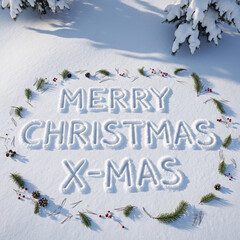 Merry christmas xmas written in the snow with festive decorations around