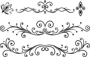 Collection of elegant black ornamental flourishes and dividers on white
