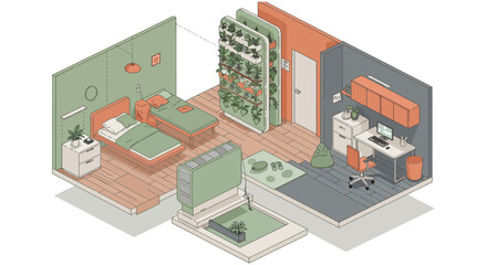 Fototapeta premium isometric modern apartment interior with smart bedroom office and lush vertical garden showcasing sustainable home design.