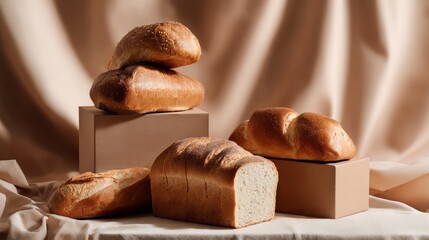 Fresh bread loaves and rolls on fabric and cardboard blocks in rustic bakery presentation
