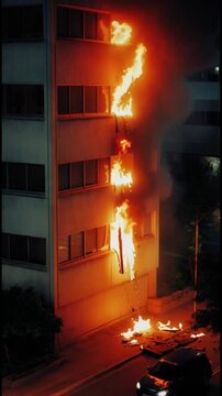Building engulfed in flames as fire ravages multiple floors, smoke billowing into the night sky